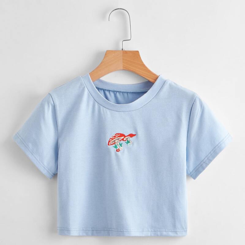

Mushroom Embroidery Crop Tee, Baby blue