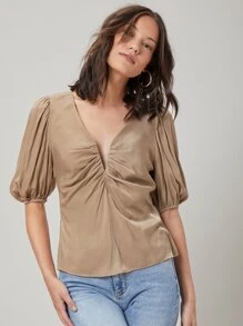 SHEIN Viscose Gathered Top - Khaki - View 1