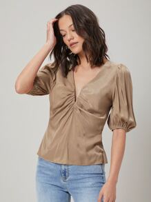 SHEIN Viscose Gathered Top - Khaki - View 3
