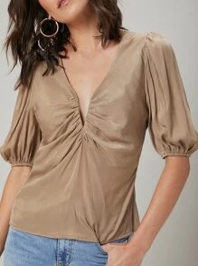 SHEIN Viscose Gathered Top - Khaki - View 7