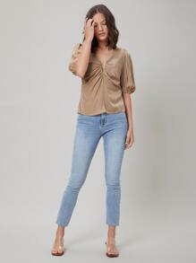 SHEIN Viscose Gathered Top - Khaki - View 9