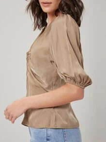 SHEIN Viscose Gathered Top - Khaki - View 10