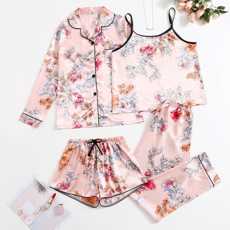 

4Pcs Floral Print Satin PJ Set, Baby pink