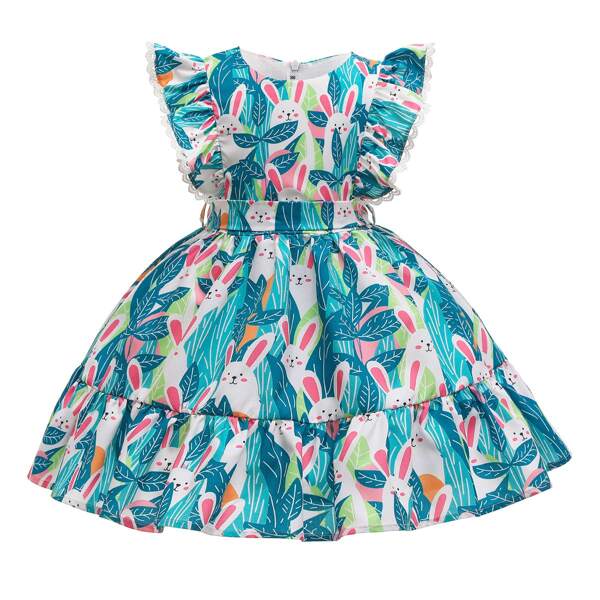 

Toddler Girls Rabbit Print Ruffle Trim Belted Gown Dress, Multicolor