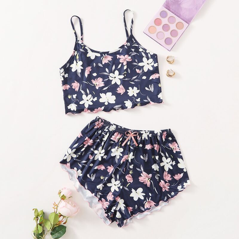 

Floral Print Lettuce Trim Cami Pajama Set, Navy blue