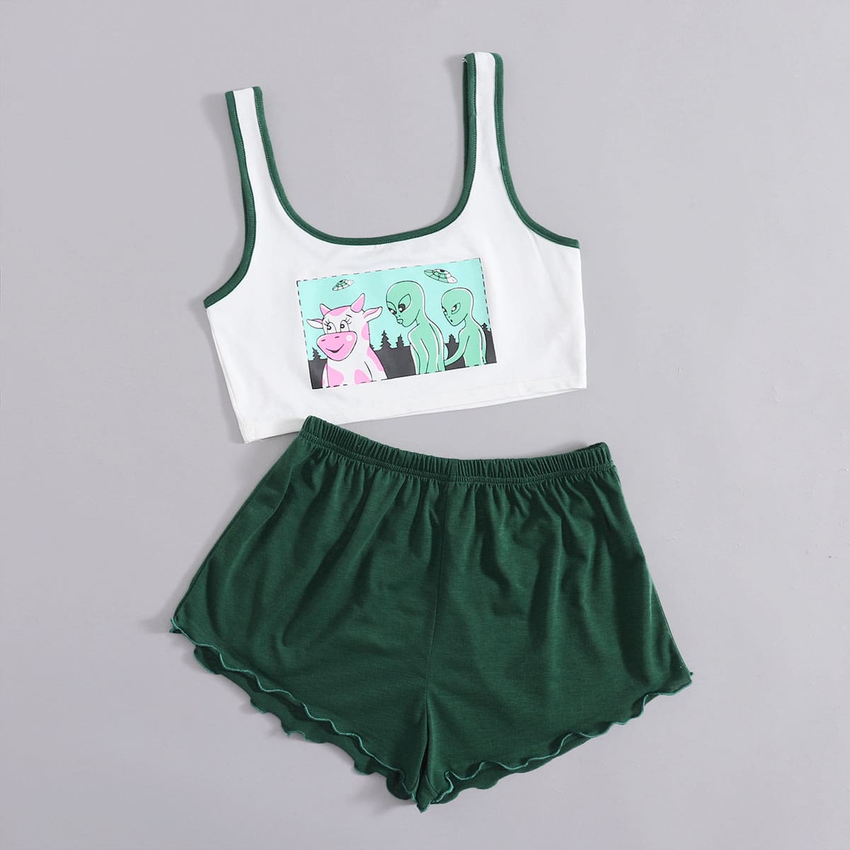 

Cartoon Lettuce Trim Pajama Set, Multicolor
