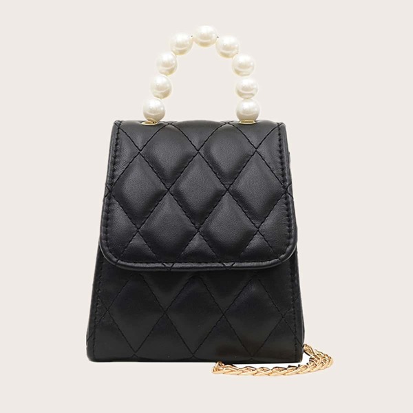 

Mini Faux Pearl Decor Quilted Satchel Bag, Black