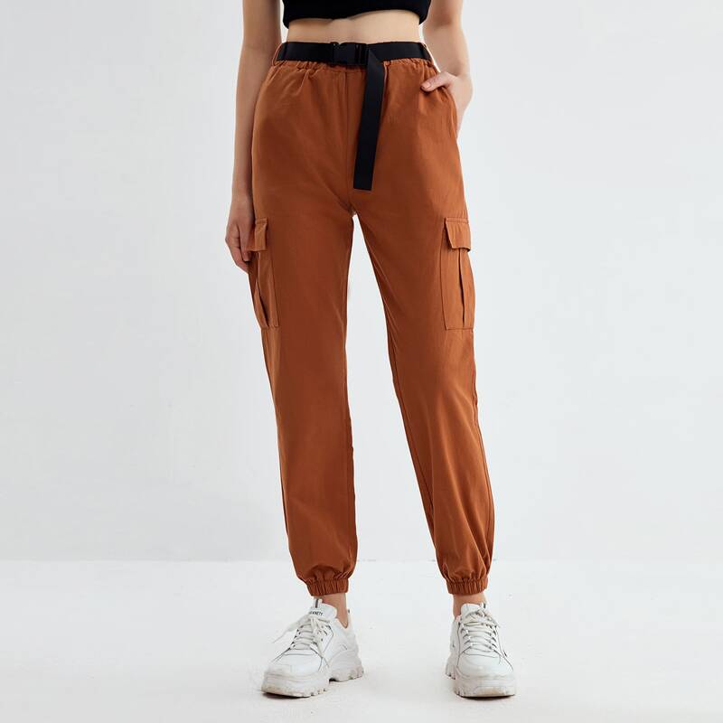 

Solid Cargo Joggers With Buckle Belt, Rust brown