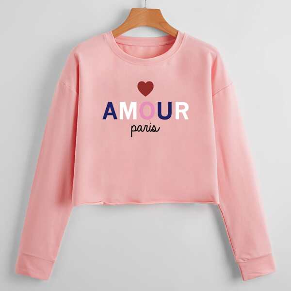 

Letter And Heart Print Sweatshirt, Pink