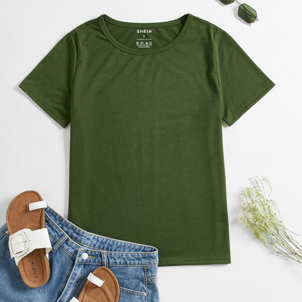 

Solid Round Neck Tee, Army green
