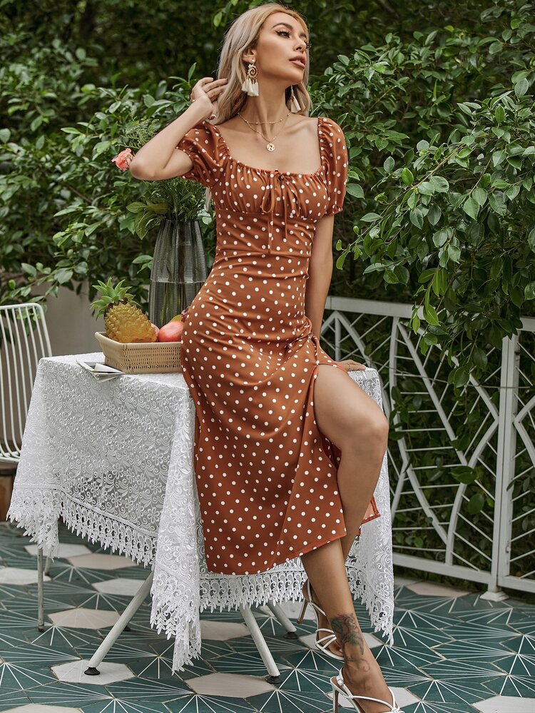 Split Thigh Ruched Bust Polka Dot Dress - Brown - View 5