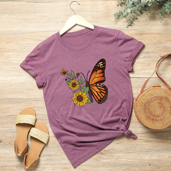 

Plus Butterfly & Sunflower Print Tee, Mauve purple