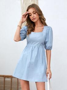 Lantern Sleeve High Waist Solid Dress - Baby Blue - View 1