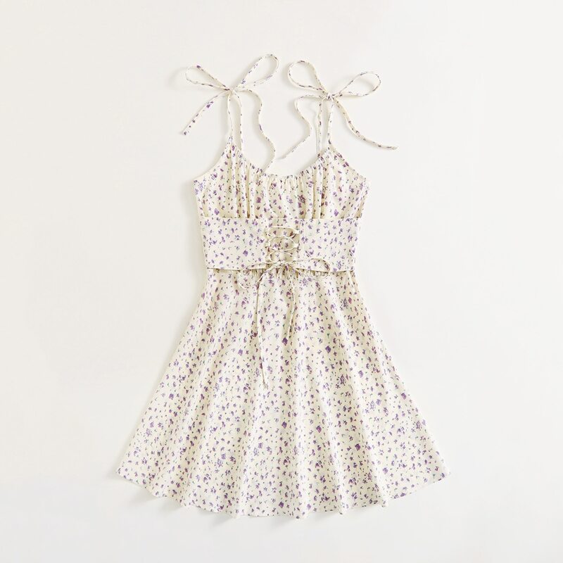 

Ditsy Floral Lace Up Tie Shoulder Cami Dress, Multicolor