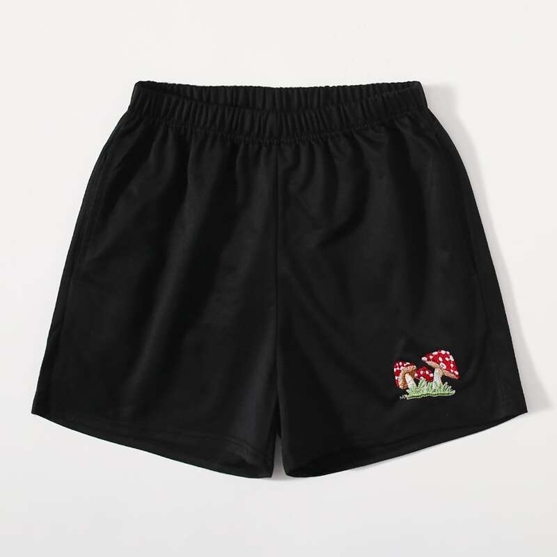 

Mushroom Embroidery Track Shorts, Black
