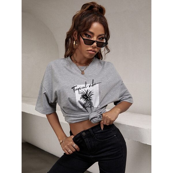 

Pineapple And Letter Graphic Drop Shoulder Tee, Grey