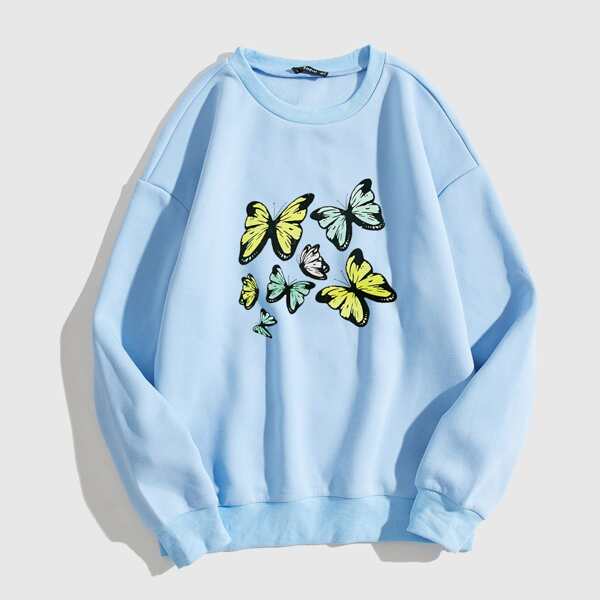 

Butterfly Print Round Neck Sweatshirt, Baby blue