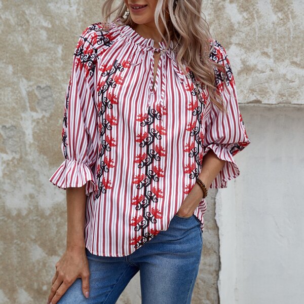 

Frill Tie Neck Flounce Sleeve Embroidery Floral Striped Top, Multicolor