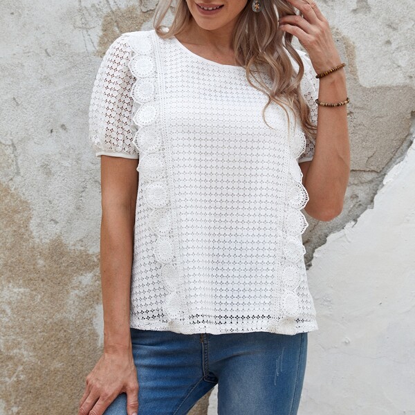 

Keyhole Back Puff Sleeve Guipure Lace Top, White