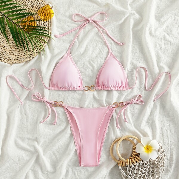

Ring Linked Triangle Thong Bikini Swimsuit, Baby pink
