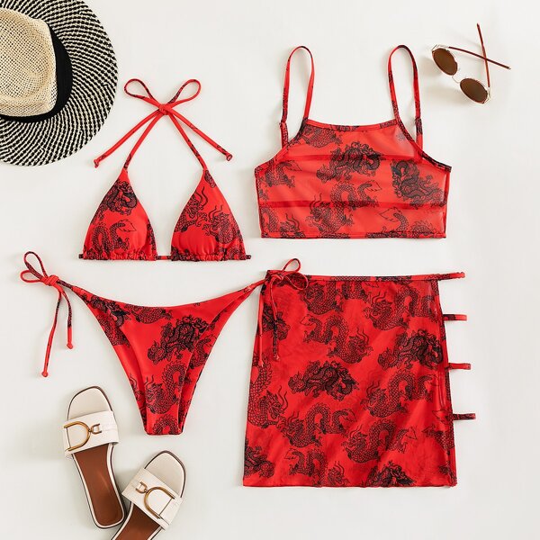 

4pack Chinese Dragon Print Triangle Bikini Swimsuit, Red