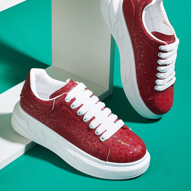 

Leopard Print Lace-up Front Sneakers, Red