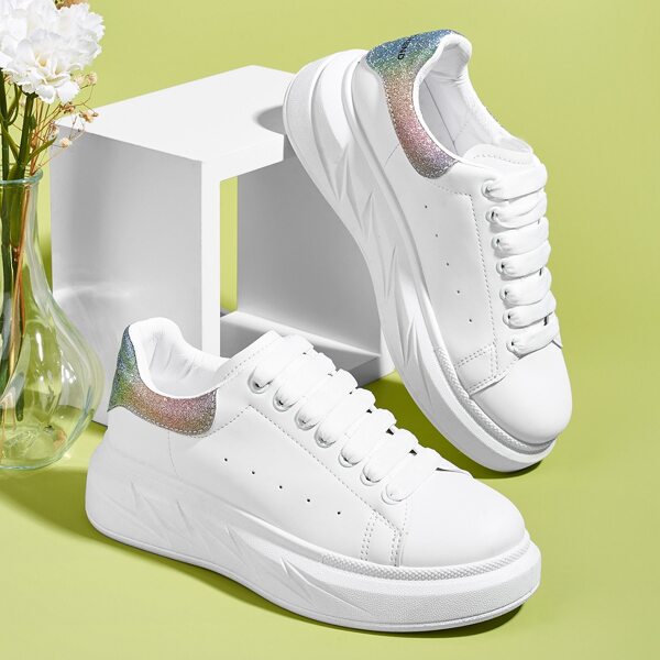 

Glitter Decor Lace-up Front Skate Shoes, White