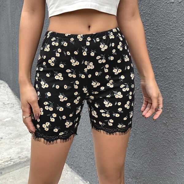 

Elastic Waist Lace Trim Floral Biker Shorts, Black