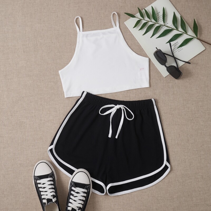 

Solid Cami & Dolphin Shorts, Black and white
