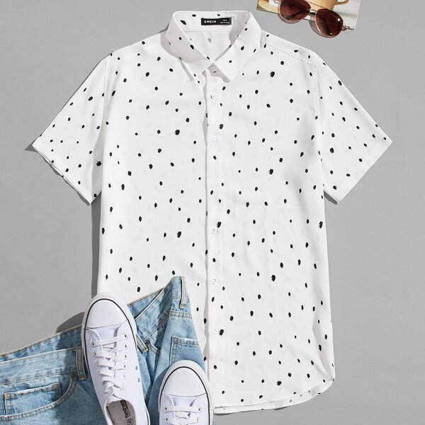 

Men Allover Print Curved Hem Shirt, White