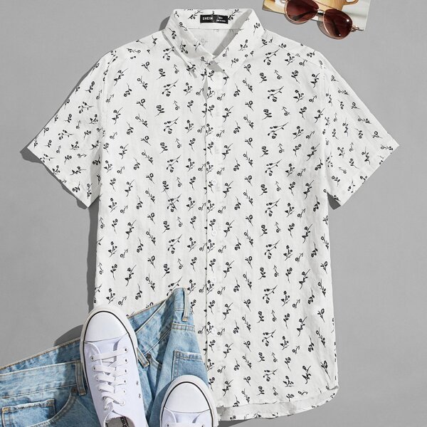

Men Ditsy Floral Button Placket Shirt, Black and white