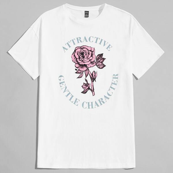 

Men Drop Shoulder Letter & Floral Print Tee, White