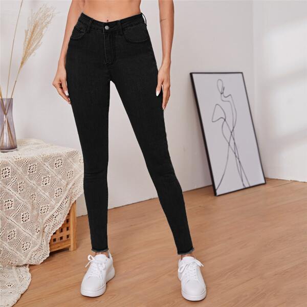 

High Waist Raw Hem Skinny Jeans, Black