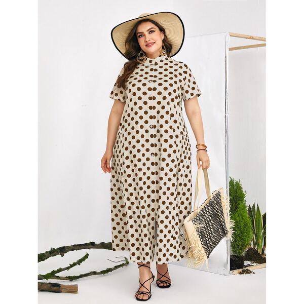 

Plus Polka Dot Mock Neck Button Front Dress, Multicolor