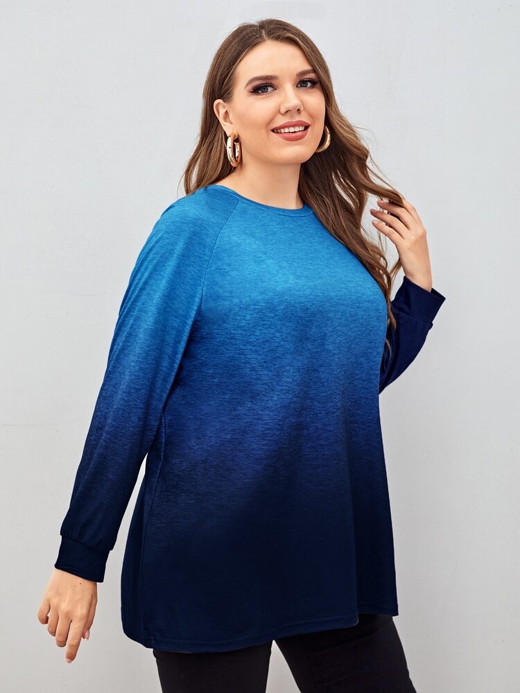 Plus Ombre Print Raglan Sleeve Tee - Blue - View 5