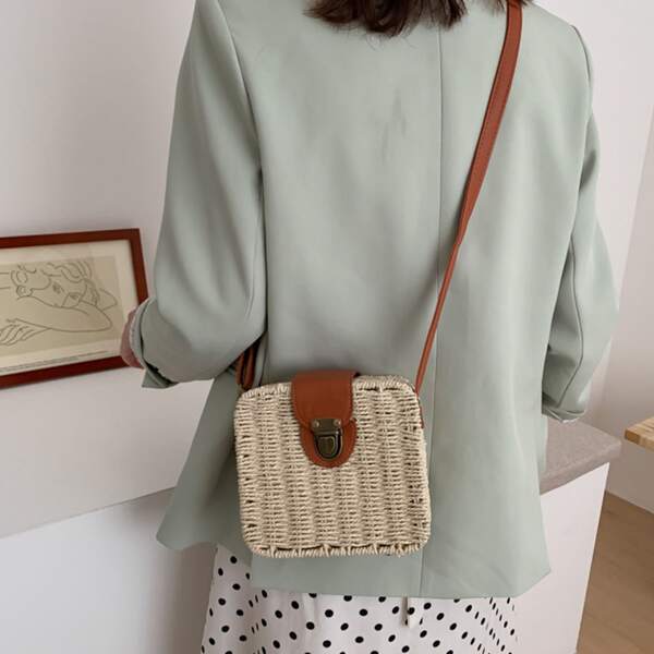 

Push Lock Rattan Box Bag, Beige