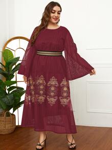 Al Najma Plus Floral Mesh Insert Belted Dress - Burgundy - View 1