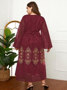 Al Najma Plus Floral Mesh Insert Belted Dress - Burgundy - View 2