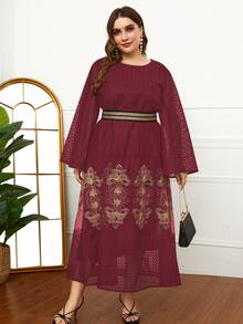 Al Najma Plus Floral Mesh Insert Belted Dress - Burgundy - View 3