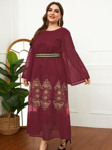 Al Najma Plus Floral Mesh Insert Belted Dress - Burgundy - View 4