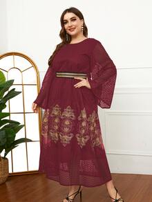 Al Najma Plus Floral Mesh Insert Belted Dress - Burgundy - View 5