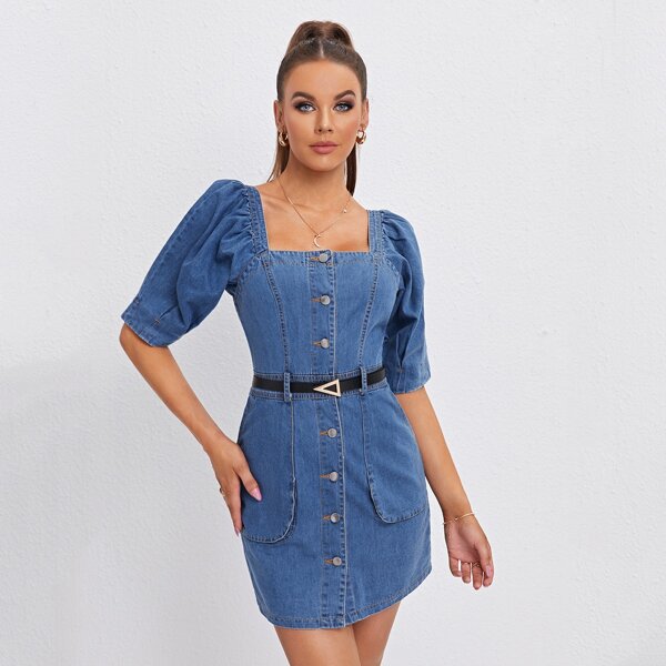 

Solid Button Front Denim Dress Without Belted, Medium wash