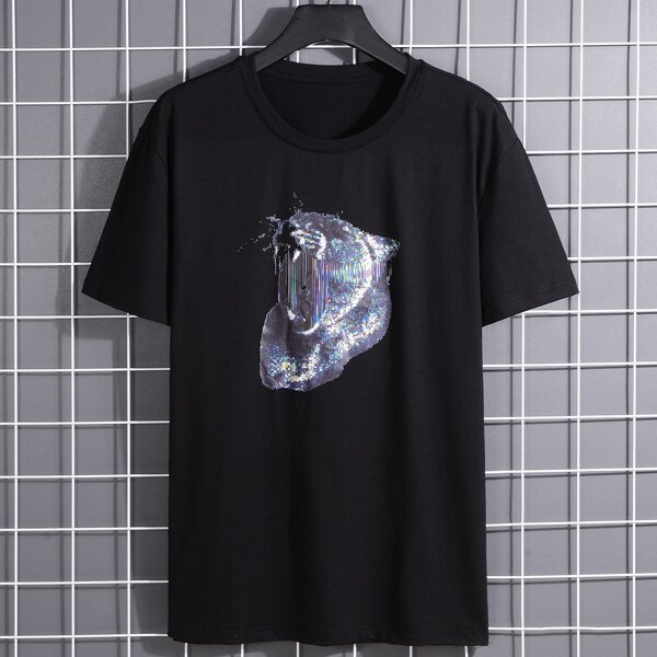 

Men Animal Print Round Neck Tee, Black