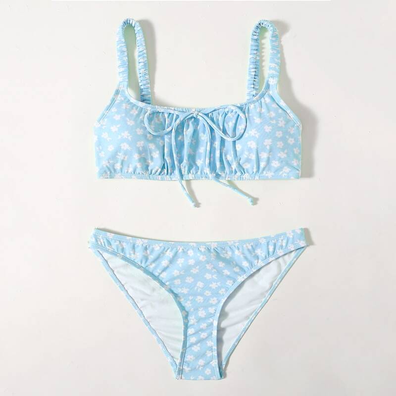 

Ditsy Floral Tie Front Bikini Swimsuit, Baby blue