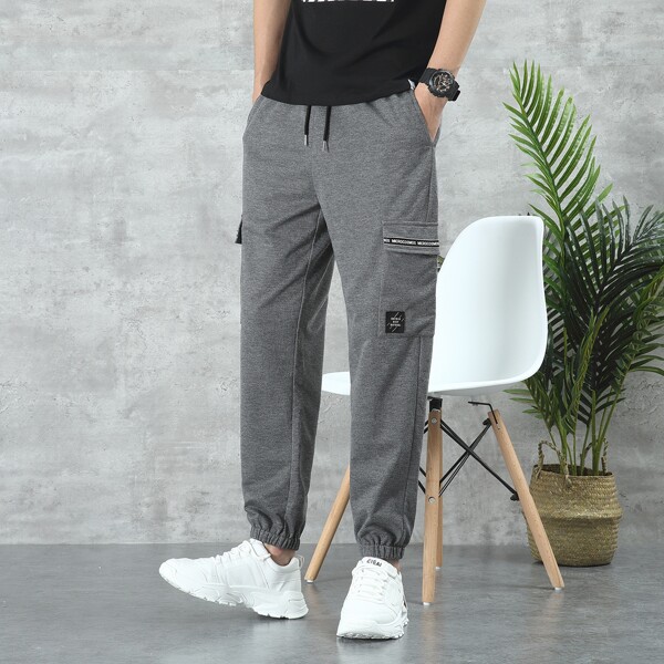 

Men Letter Tape Flap Pockets Sweatpants, Grey