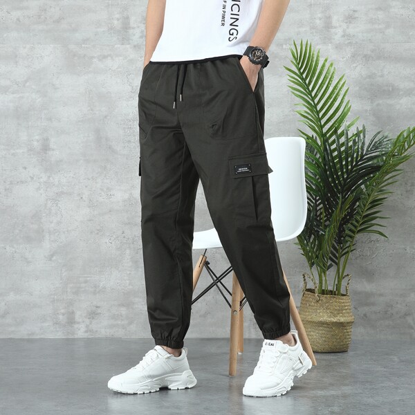 

Men Flap Pockets Drawstring Cargo Pants, Army green