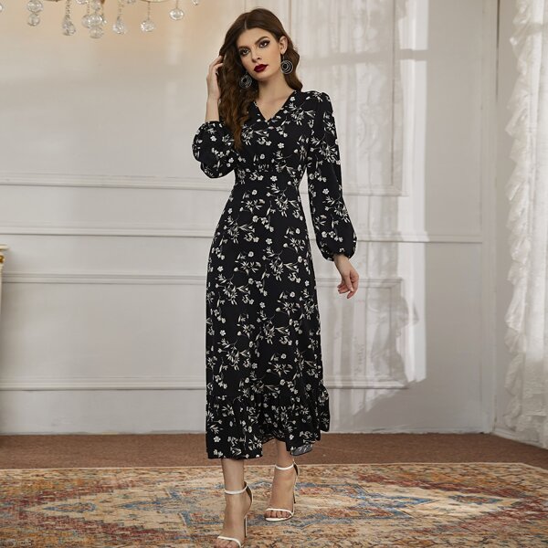 

Ditsy Floral Ruffle Hem A-line Dress Without Belted, Black