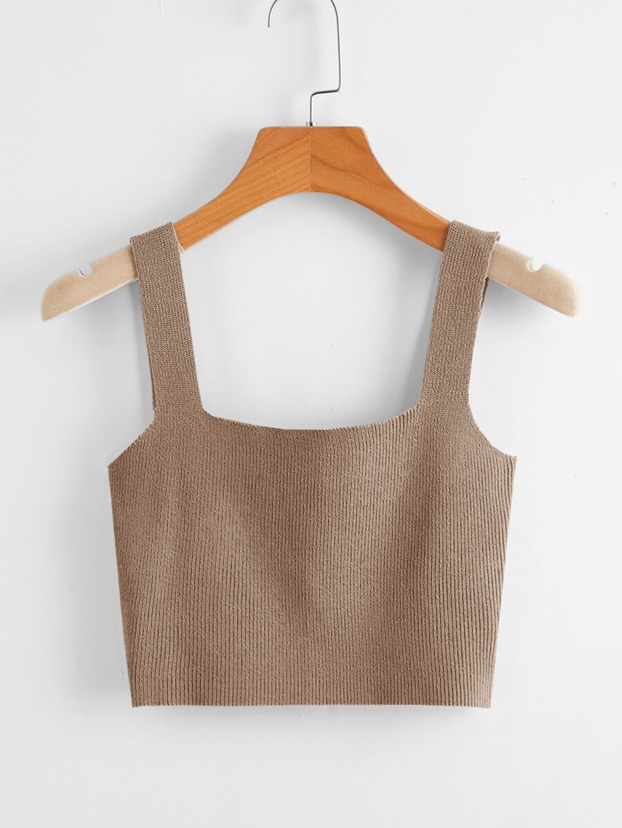 SHEIN EZwear 素色短版針織上衣 - 卡其色 - 查看 1