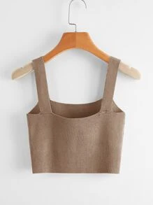 SHEIN EZwear 素色短版針織上衣 - 卡其色 - 查看 2