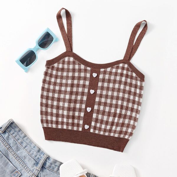 

Button Front Gingham Pattern Knit Top, Coffee brown